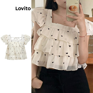 Lovito Casual Blusa Estampada de Babado com Amarração nas Costas para Mulheres L80ED061