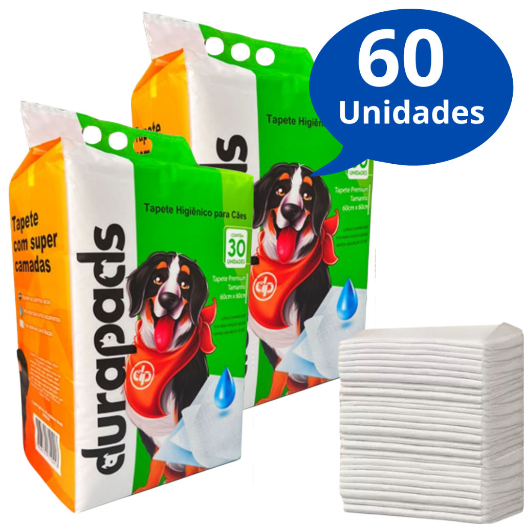 Kit 2 Tapete Higiênico para Cachorro Durapads 60 x 60 cm - 60 Unidades