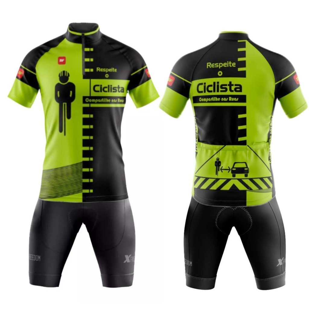 Conjunto de Ciclismo Camisa Respeite o Ciclista C/ Proteção UV e Bermuda C/ Forro Interno