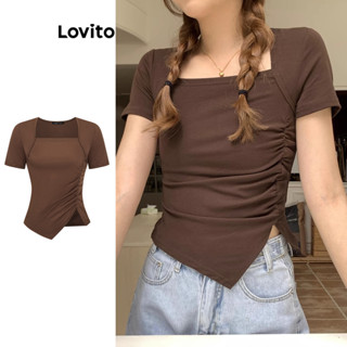 Lovito Casual Camiseta com Babados Simples para Mulheres L77ED052