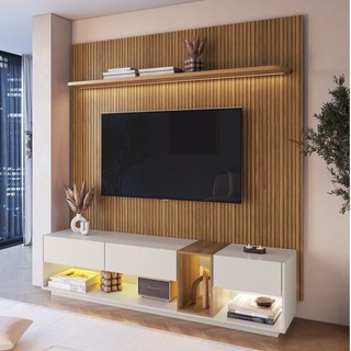 Rack com Painel para Tv até 75 Polegadas Liverpool Ra8001 com Led e Impressão Ripada 3d Mel/Arenas em Oferta na Shopee