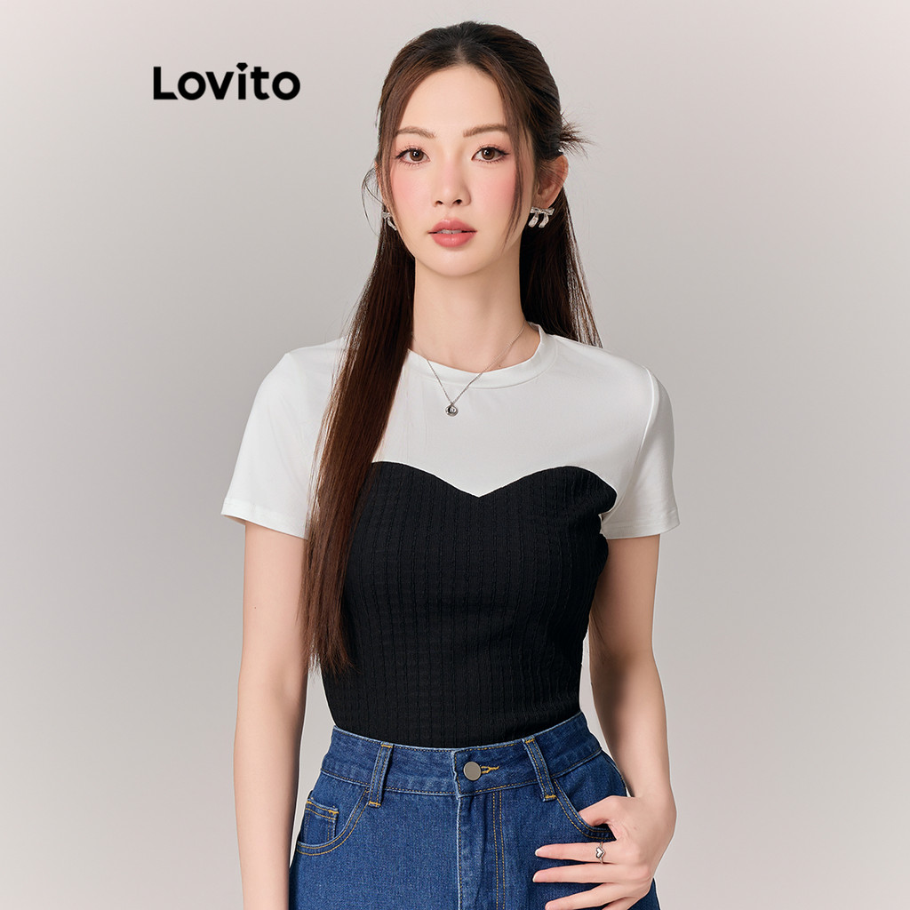 Lovito Camiseta casual lisa com blocos de cores para mulheres L177AD129 - Women Clothes