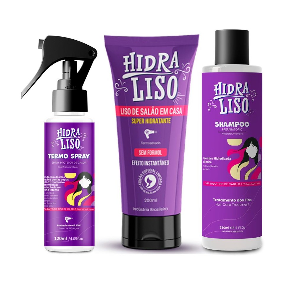 Kit Para Cuidado Pessoal do Cabelo Feminino - Hidraliso + Termo Spray + Shampoo