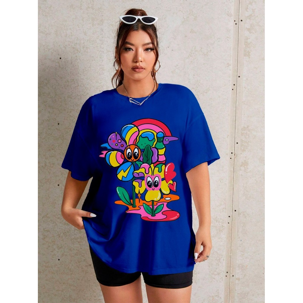 Camiseta Oversized Feminina Bordada Com Estampa De Flores, Emoji, Arco-Íris Casual E Confortável