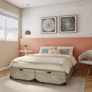 Base para Cama Box Queen Mack com Baú Suede (45x158x198) Bege em Oferta na Shopee