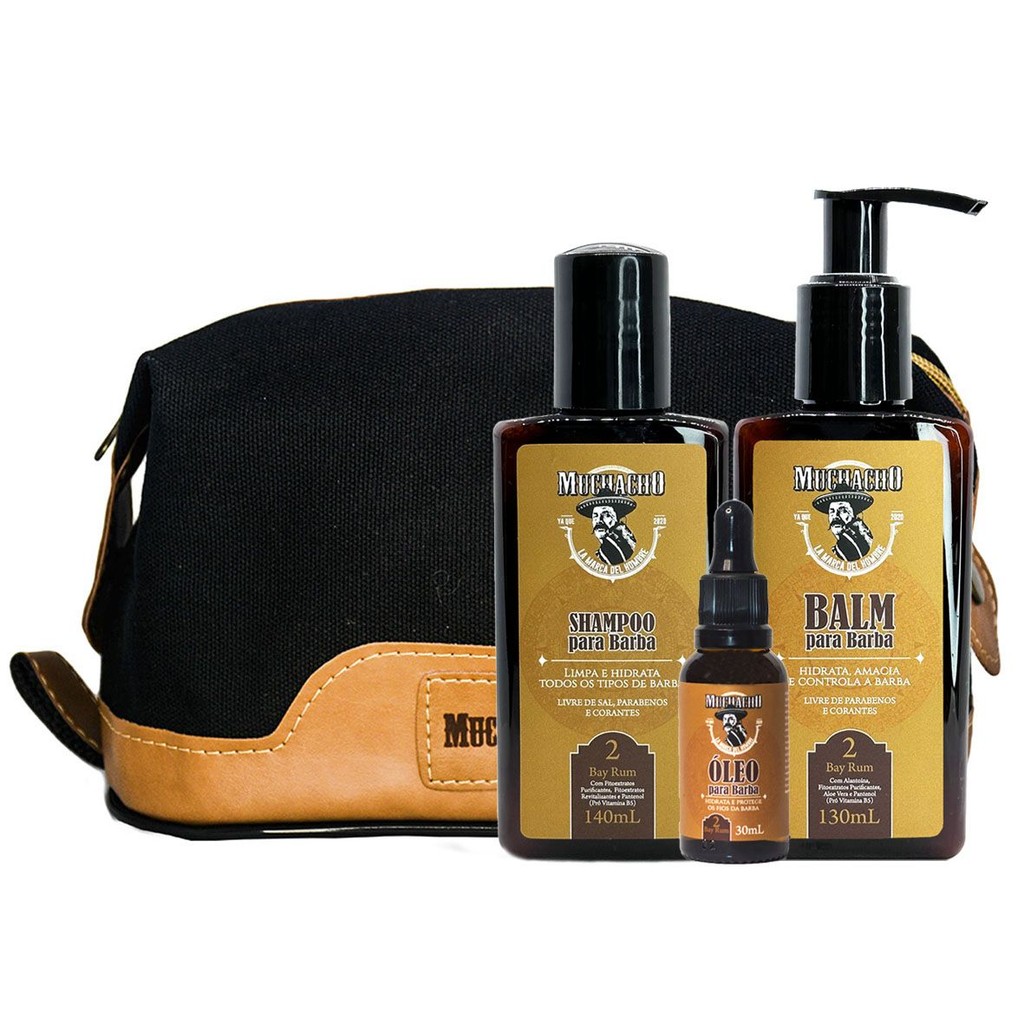 Kit Shampoo para Barba + Balm para Barba + Óleo para Barba Frasco - Muchacho Bay Rum + Necessaire Muchacho Monterrey