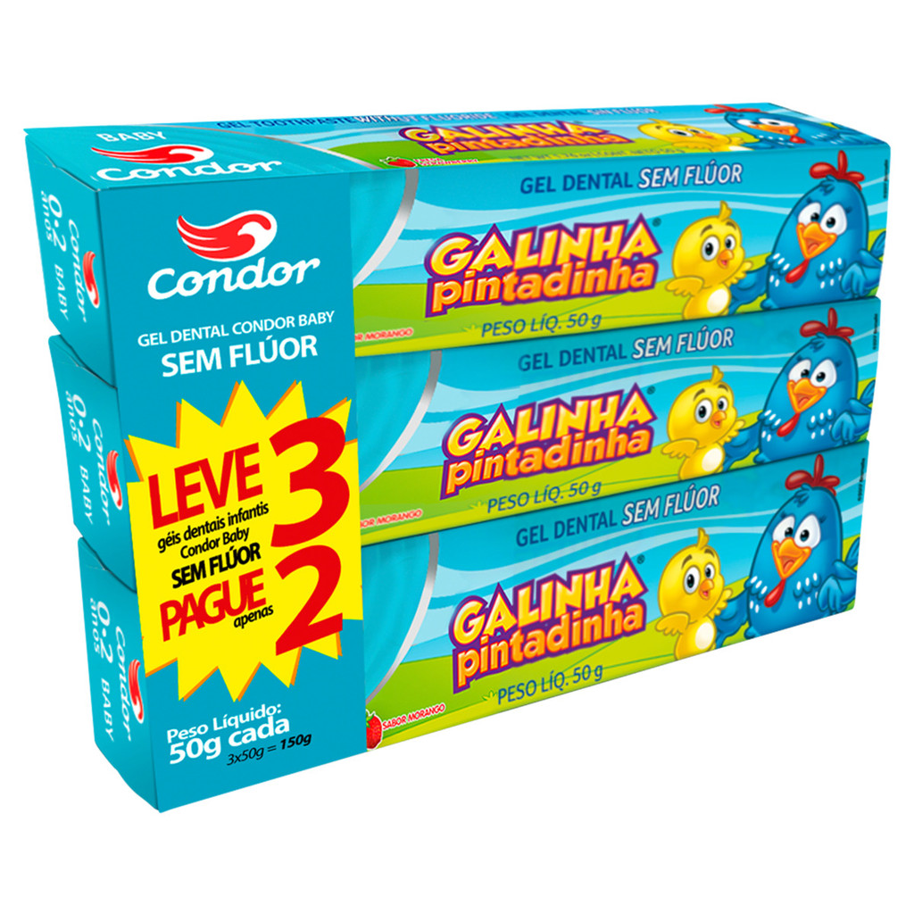 Pack Gel Dental Sem Flúor Morango Galinha Pintadinha Condor Baby Caixa 150G Leve 3 Pague 2 Unidades - Health