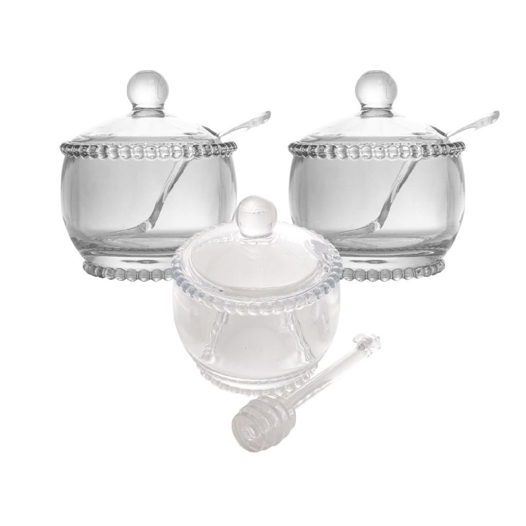 Conjunto De Açucareiros Porta Cereais Granola Com Colher E Meleira De Cristal
