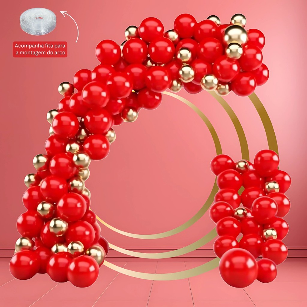 Kit 75 Balões vermelho 7”+ OURO Metalizado 5” - + FITA Balão Bexiga Liso/Cromado KIT50+F em Oferta na Shopee
