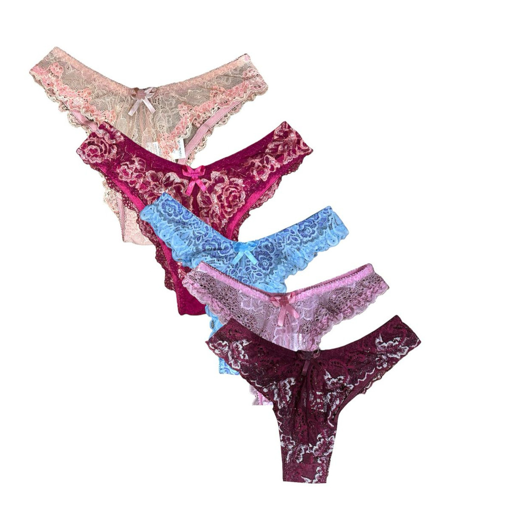 Kit Com 5 Calcinhas De Renda Bicolor Fio Transparente Tanga Calcinha Roupa Intima Lingerie...