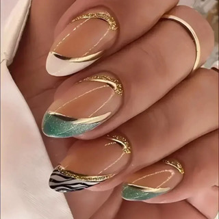 24pcs Long Stiletto Unhas Postiças onda Peals decorado Wearable Francês Unhas Falsas Imprensa On Nails Leopard print Almond Manicure Dica