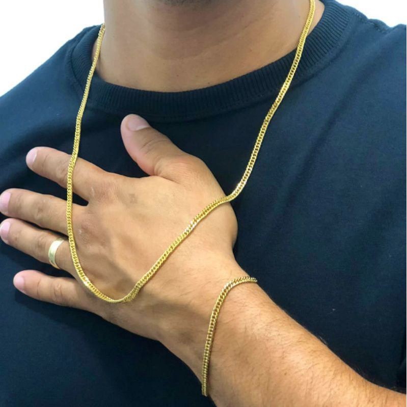 Corrente Cordão Grumet + Pulseira Elo Duplo Conjunto Dourado Aço Inoxidável Banhado a ouro 18K Banho Triplo EXCLUSIVO Cordão Corrente LE BIJOUX conjunto kit