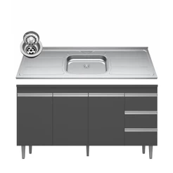 Balcão Gabinete com Pia Inox 150cm Andréia 3 Portas Cinza - AJL Móveis
