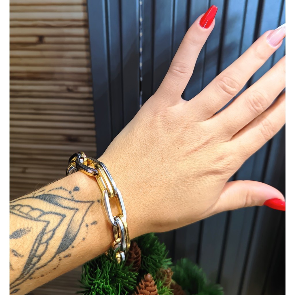 Pulseira Corrente Elos Duplos mix Dourado com Prata Folheado Ouro Elo quadrado Lançamento Tendência