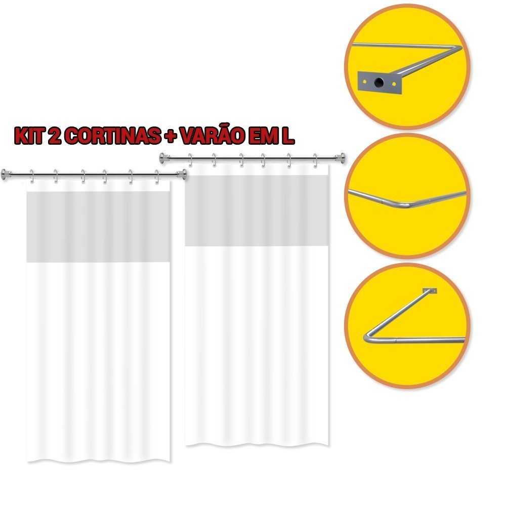 Kit 2 Cortinas de Box para Banheiro + Suporte Varão Bastão em L+ Kit Instalação Incluso