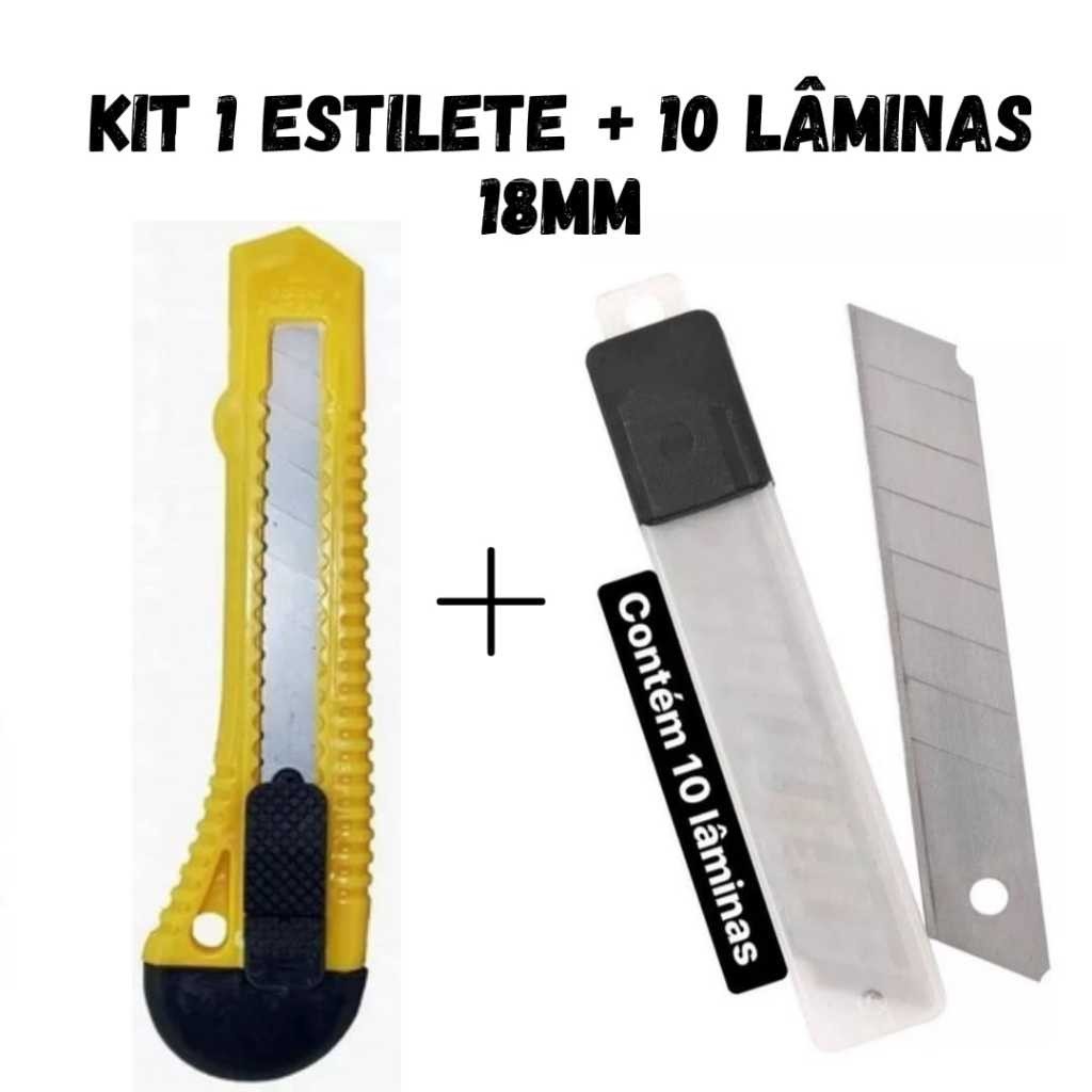 Kit Estilete grande 18mm + 10 Laminas de 18mm para escritório papelaria