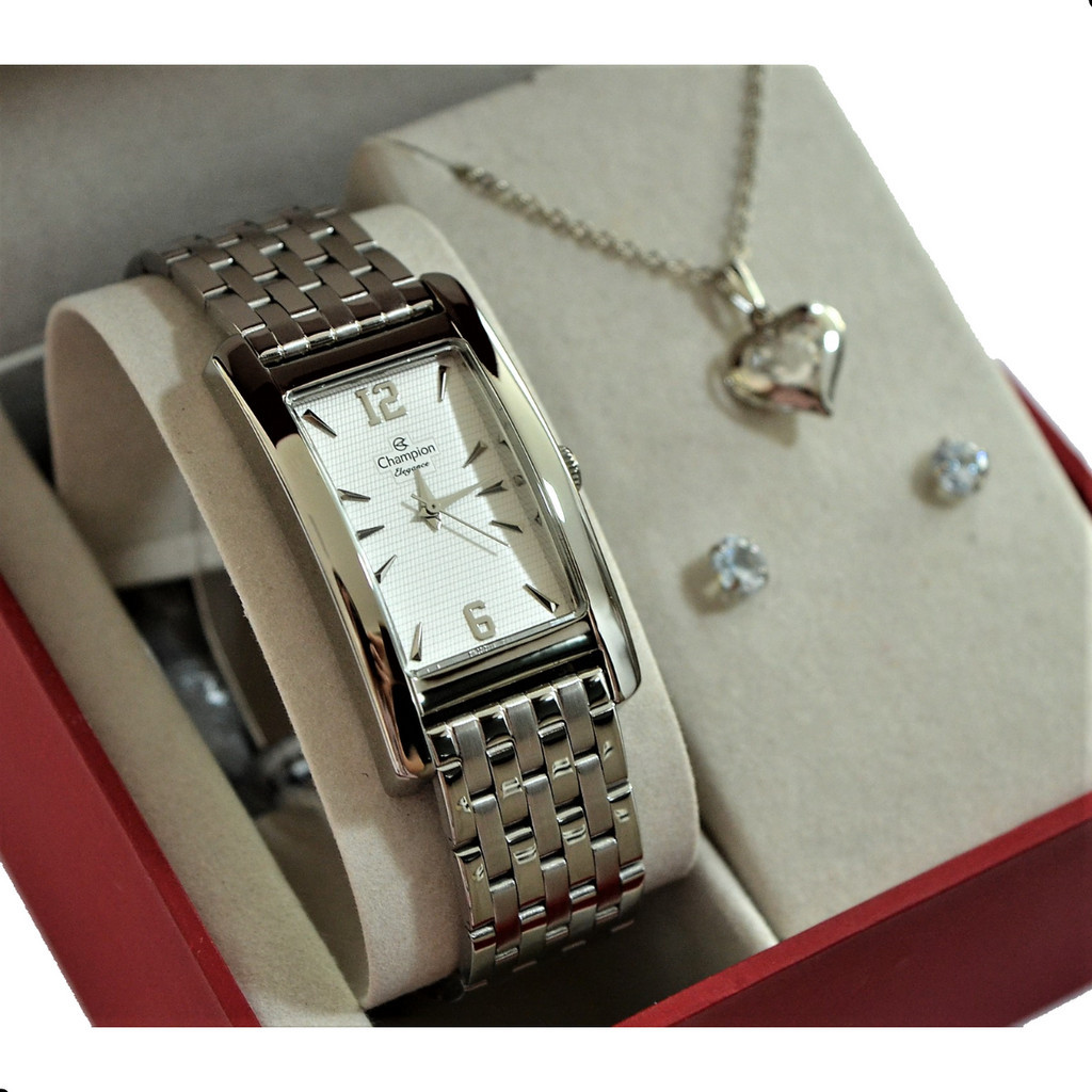 RELOGIO CHAMPION RETANGULAR MEDIO PRATEADO CN26608Q + KIT SEMI JOIA em Oferta na Shopee