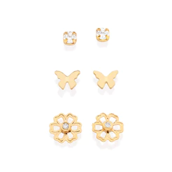 Kit Brincos Borboleta Flor Solitário Folheado a Ouro 18k Rommanel - 527229 Original