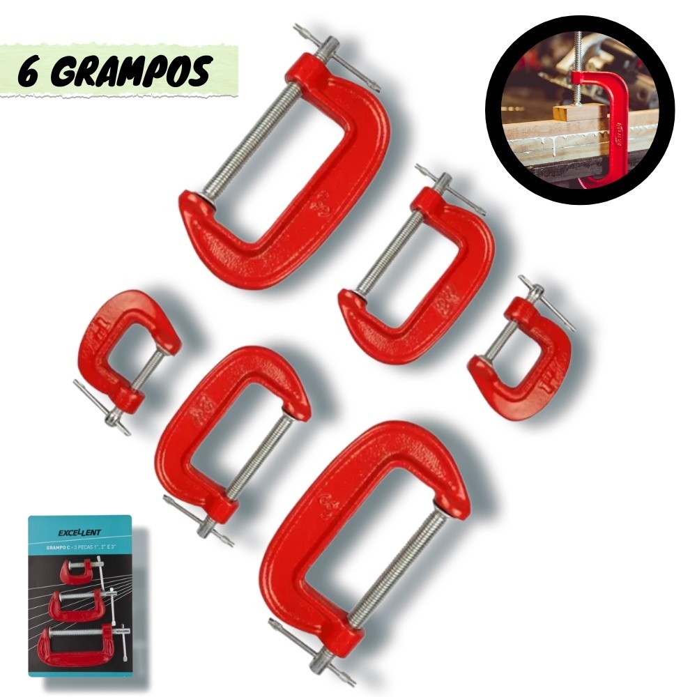 Kit 6 Grampo Tipo C Sargento 1" 2" 3" Polegadas Pressão Reforçado Marceneiro Presilha Pinça Fixação