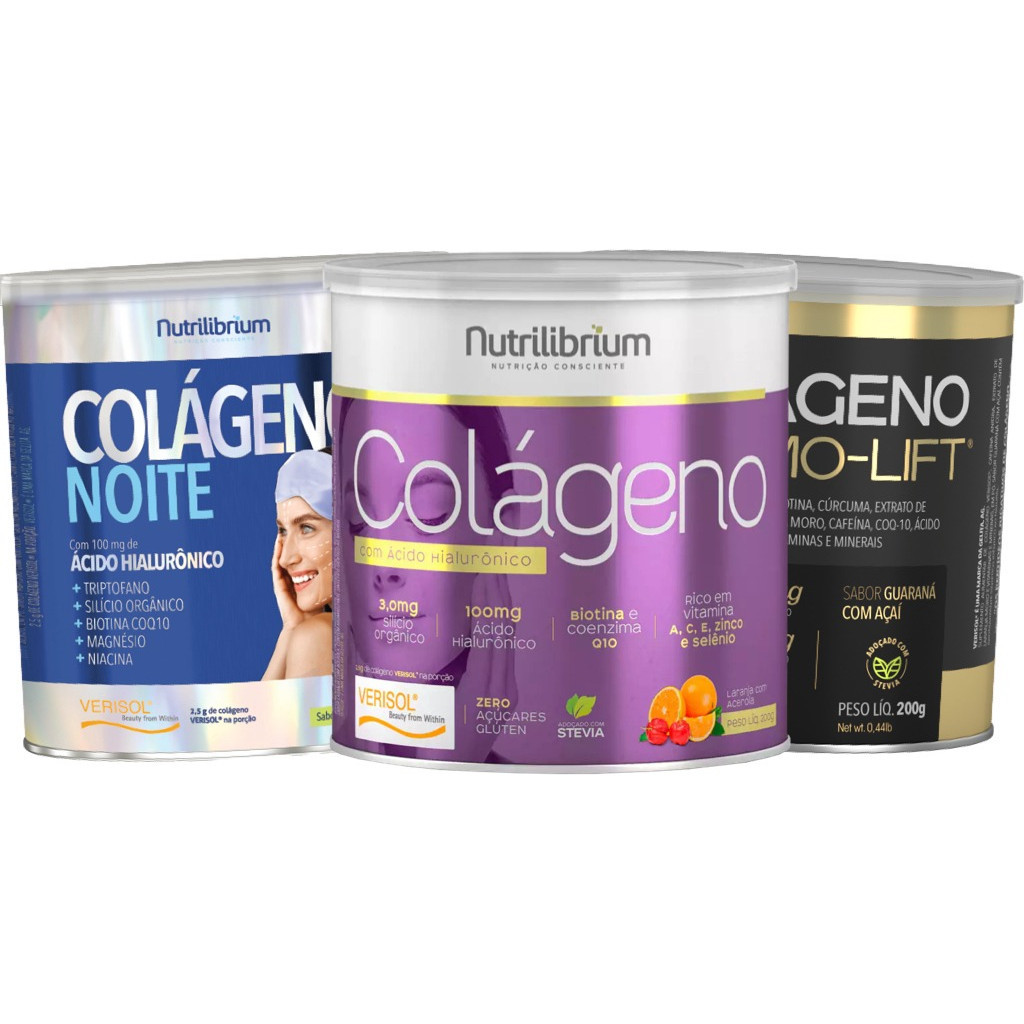 Kit 3x Colágeno Verisol Ácido Hialurônico Roxinho + Noite + Thermo Lift 200g Nutrilibrium em Oferta na Shopee