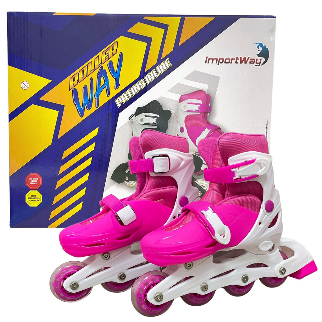 Patins Roller Inline Ajustável Rosa Com Tamanho Ajustavel 31 a 34 Importway