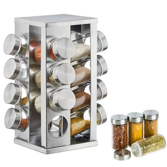 Porta Tempero e Condimento Inox 16 Potes + Suporte Giratório