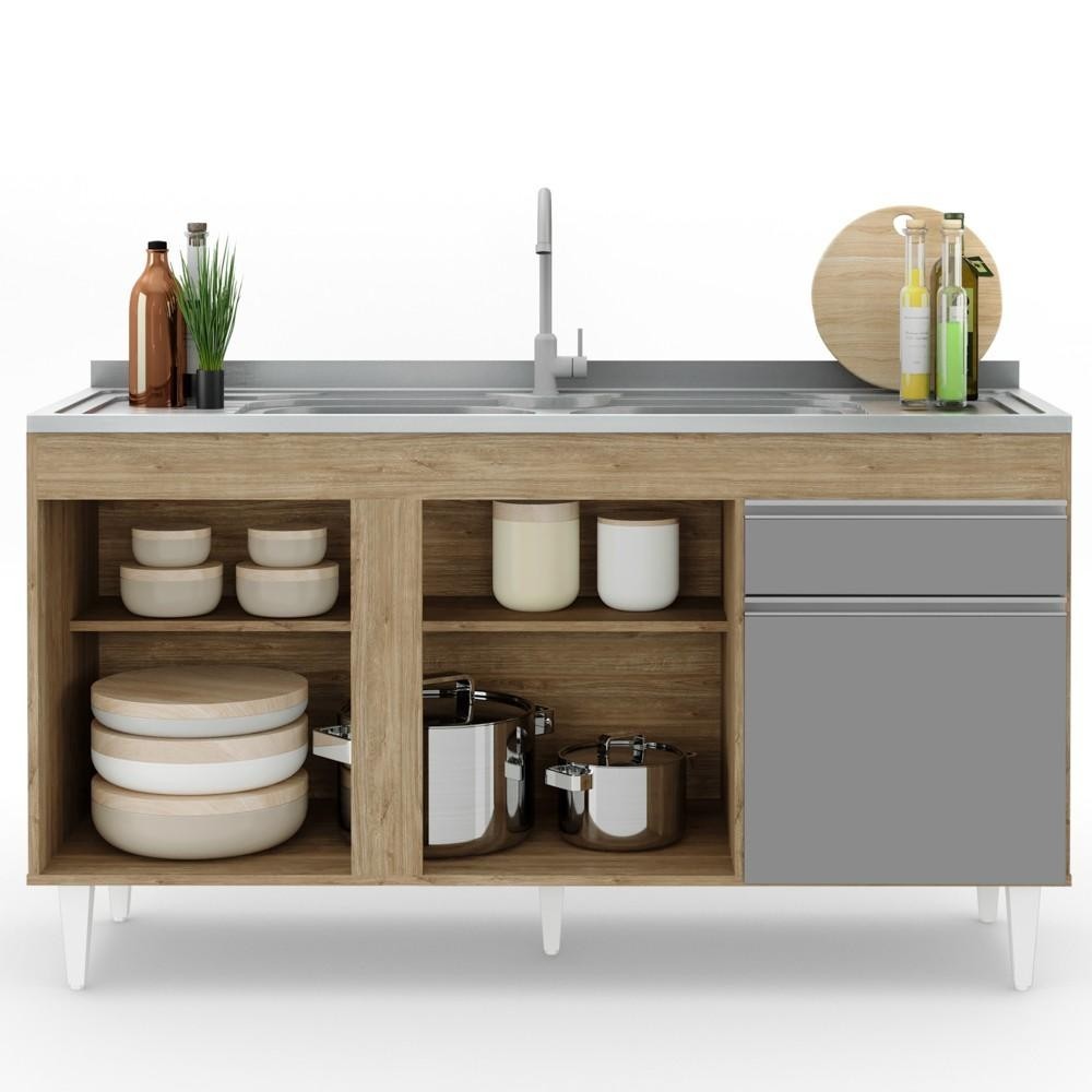 Detalhes do Balcão Gabinete com Pia Inox 150cm 3 Portas 1 Gaveta Dakota Castanho/Cinza - Lumil