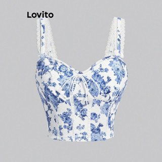 Lovito Elegante Blusa de Padronagem Floral e Amarração de Renda para Mulheres L80ED156