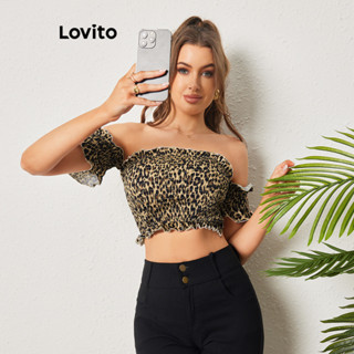 Lovito Sexy Blusa Feminina de Oncinha Bata com Bainha Enrugada LBL08476