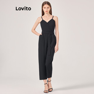 Lovito Casual Macacão Feminino Liso com Cinto L71ED201 (Preto)