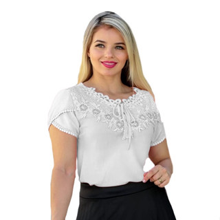 Blusa Camisa Branca Manga Curta Renda Social Pérola Bolinha Crepe Moda Evangelica Laço Lacinho Romantica Congresso Natal Ano Novo em Oferta na Shopee