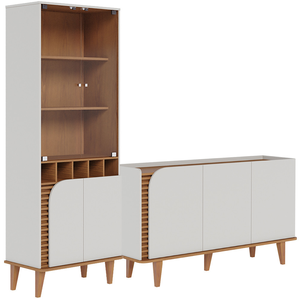 Kit Aparador Buffet Bar Living com Cristaleira Adega Julia C04 Off White Matte Freijó - Lyam Decor - Home & Living