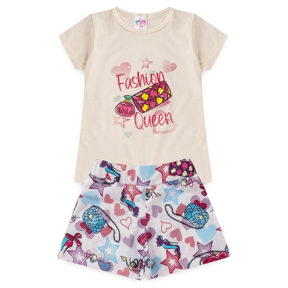 Conjunto Juvenil Infantil Menina Verão Blusa Meia Malha Fashion Queen Shorts Estampado Tam 4 ao 14