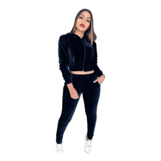 Conjunto Moletom Veludo Cropped Blusa Casaco Feminino