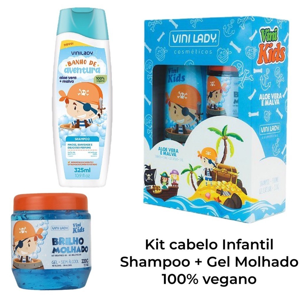 Kit Para Cabelo Infantil Shampoo E Gel Brilho Molhado Aloe Vera e Malva Todos Os Tipos De Cabelo Vini Lady 100% Vegano Personagem Piratinha