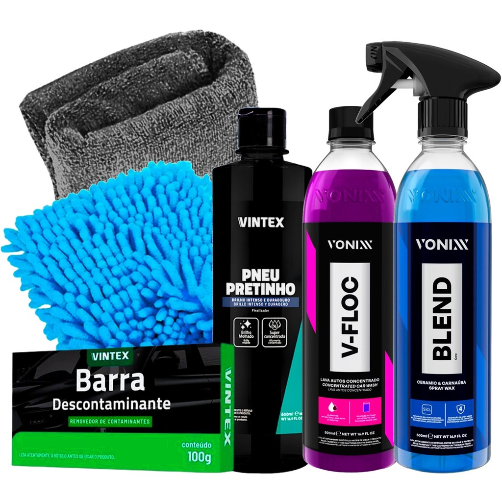 Kit Para Limpeza Carro Moto Vonixx Cera Blend Spray Shampoo V-Floc Pneu Pretinho V-Bar Luva Toalha Microfibra Karbox