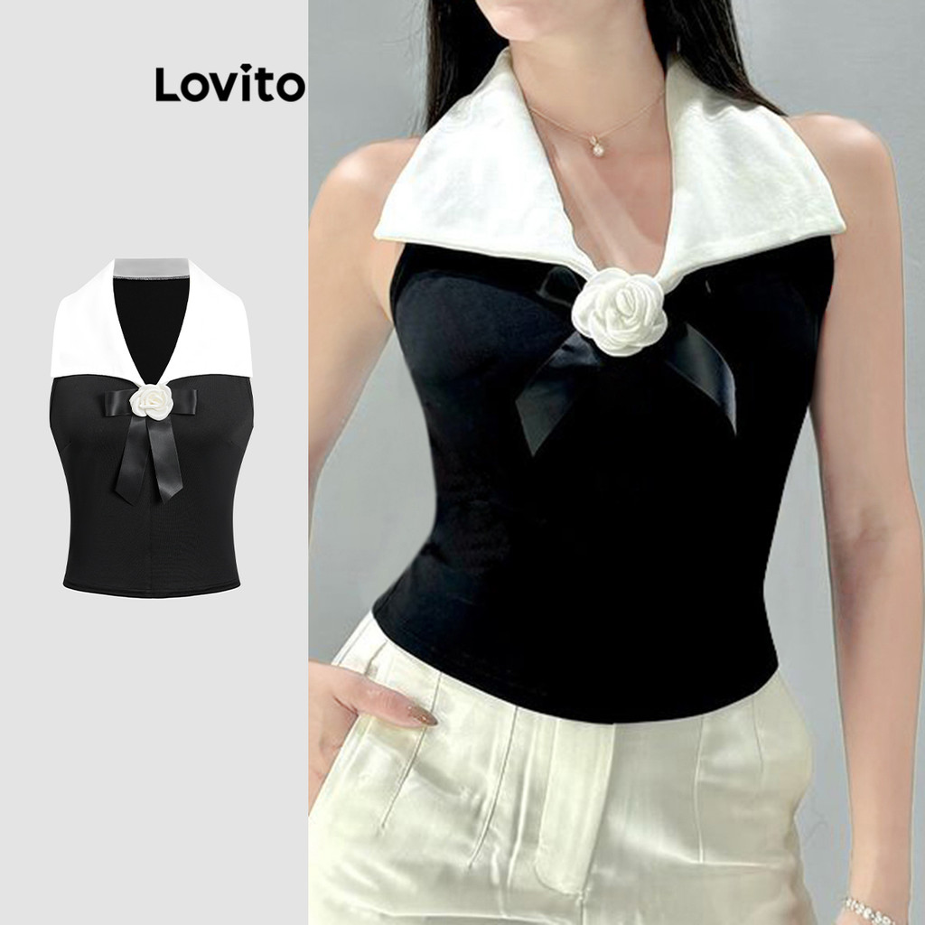 Lovito Elegante Plain Colorblock Contraste Gola Apliques Regata para Mulheres L113MD597 - Women Clothes