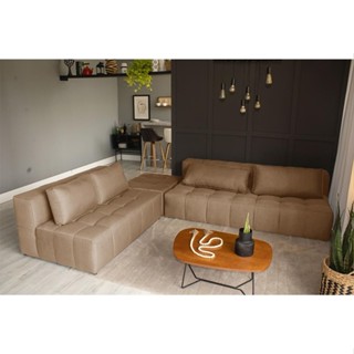 Sofá Modular 2 e 3 Lugares com Puff Soho Linho Bege em Oferta na Shopee