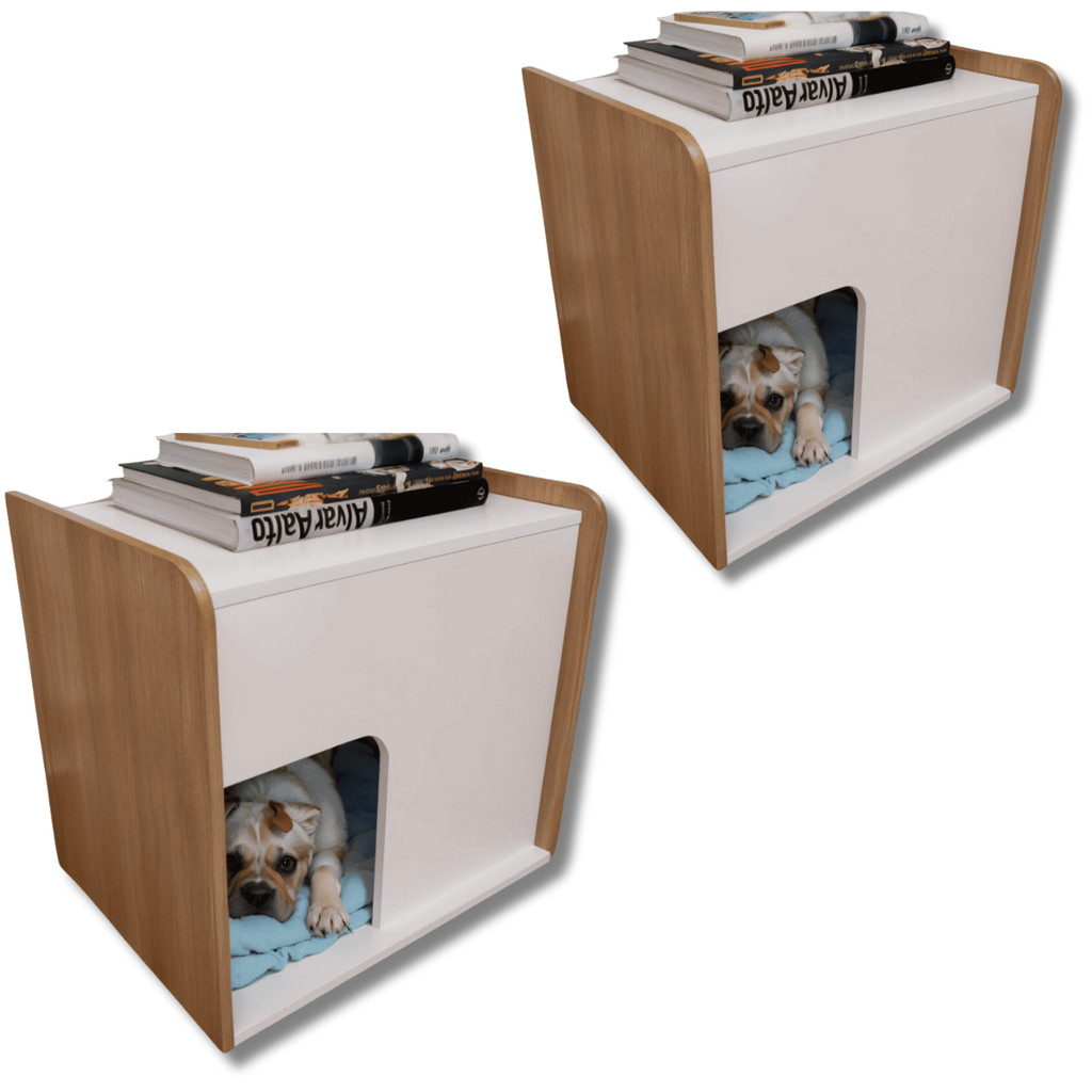 Kit 2 Mesa de cabeceira cama pet cães 45x45x40 Branco e Amadeirado