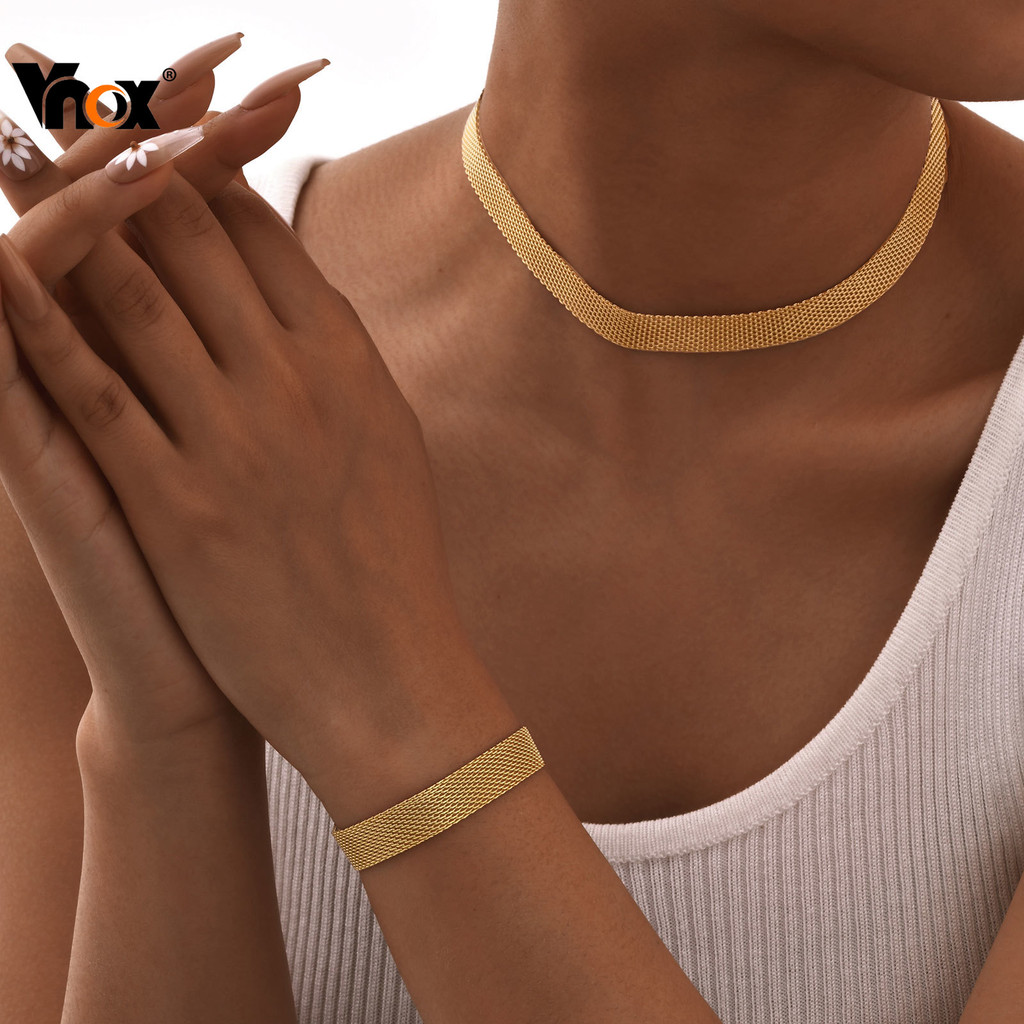 Vnox Malha Link Corrente Colar Pulseira Conjunto Para Mulheres Meninas De Aço Inoxidável À Prova Dwaterproof Água Moda J