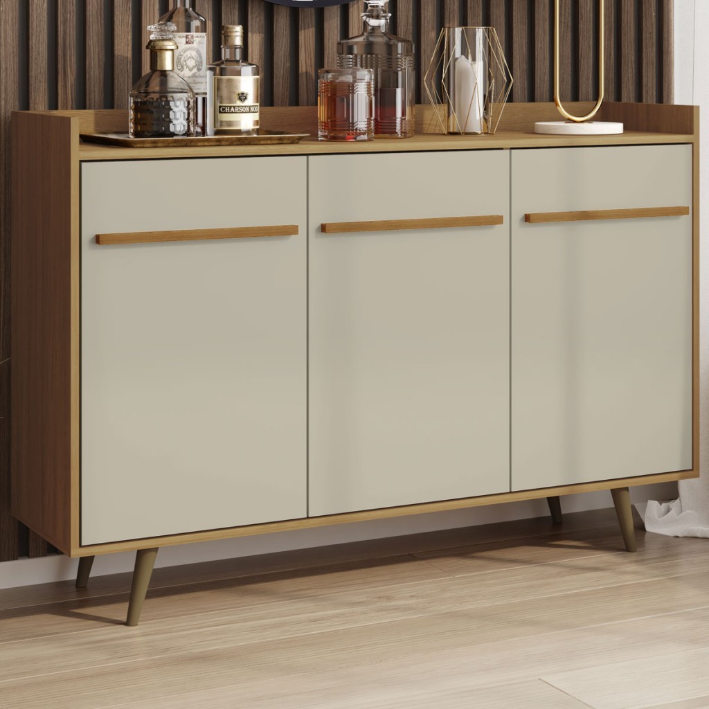 Balcão Buffet 3 Portas com Pés de Madeira Quartzo Cinamomo/Off White - Móveis Bechara em Oferta na Shopee
