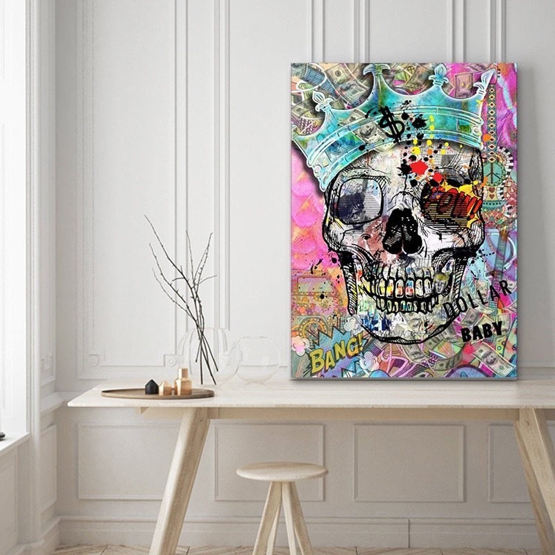 Quadro decorativo 1 peça 40x60 Pop arte do crânio arte de rua moderno caveira grafite para sala quarto