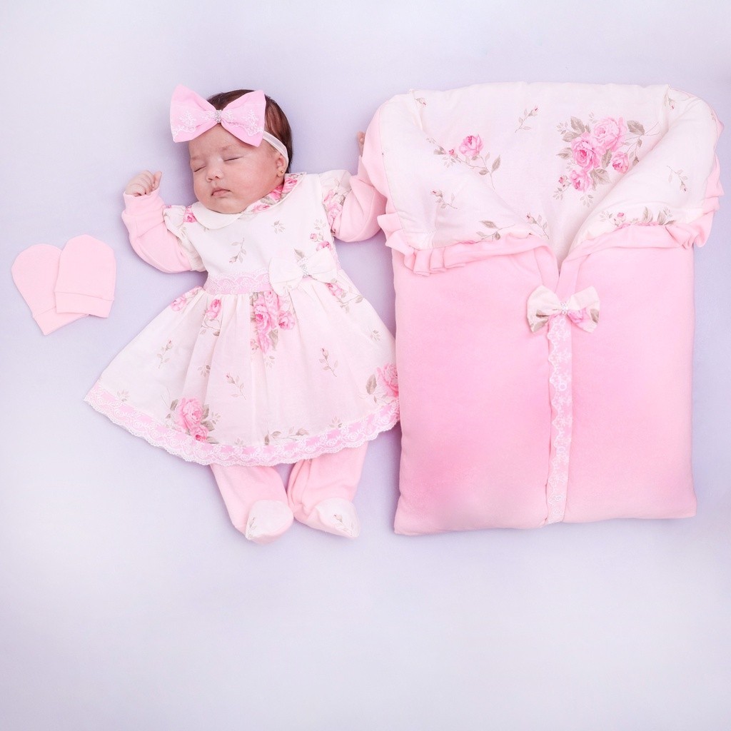 Saída Maternidade Bebê Menina Lady Luxo Floral 4 Peças 100% Algodão em Oferta na Shopee