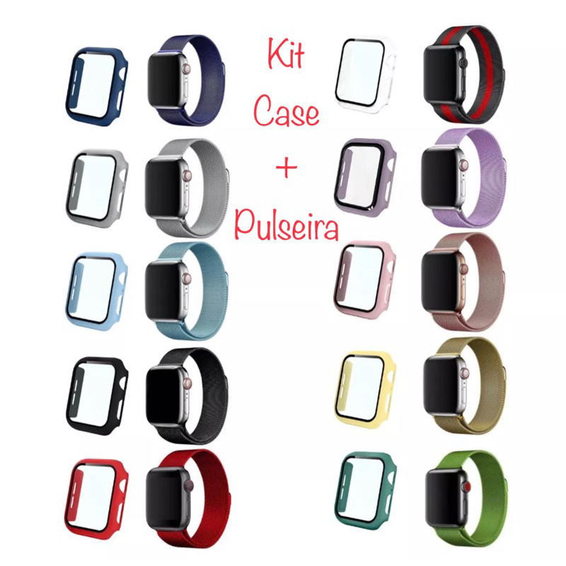 Kit 2em1 Proteção Total Para SMART WATCH Pulseira Metal Milanesa Aço + CASE Capa Capinha Vidro Temperado 3D Para iWatch, Iwo 38mm 40mm 41mm 42mm 44mm 45mm e 49mm Relógio Inteligente