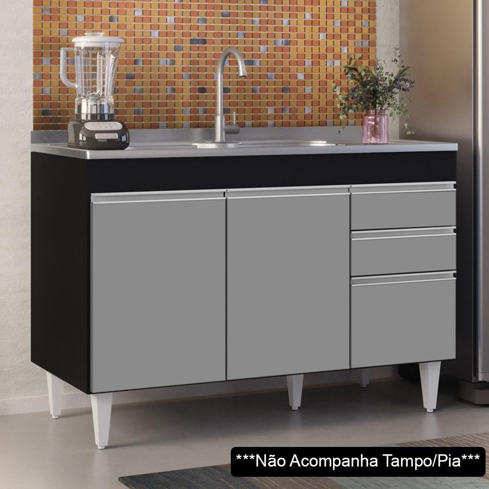 Balcão Gabinete 120cm 3 Portas 2 Gavetas Michigan Preto/Cinza - Lumil em Oferta na Shopee