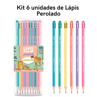 Kit 6 Lápis de Escrever HB Tom Pastel Perolado com Borracha  Escolar  Leo&Leo