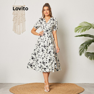 Lovito Boho Vestido Feminino Floral Cruzado com Bainha de Babados LBL08414