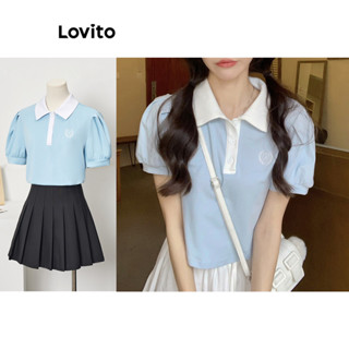 Lovito Camisetas Fofas com Botões e Blocos de Cores para Mulheres L73AD012