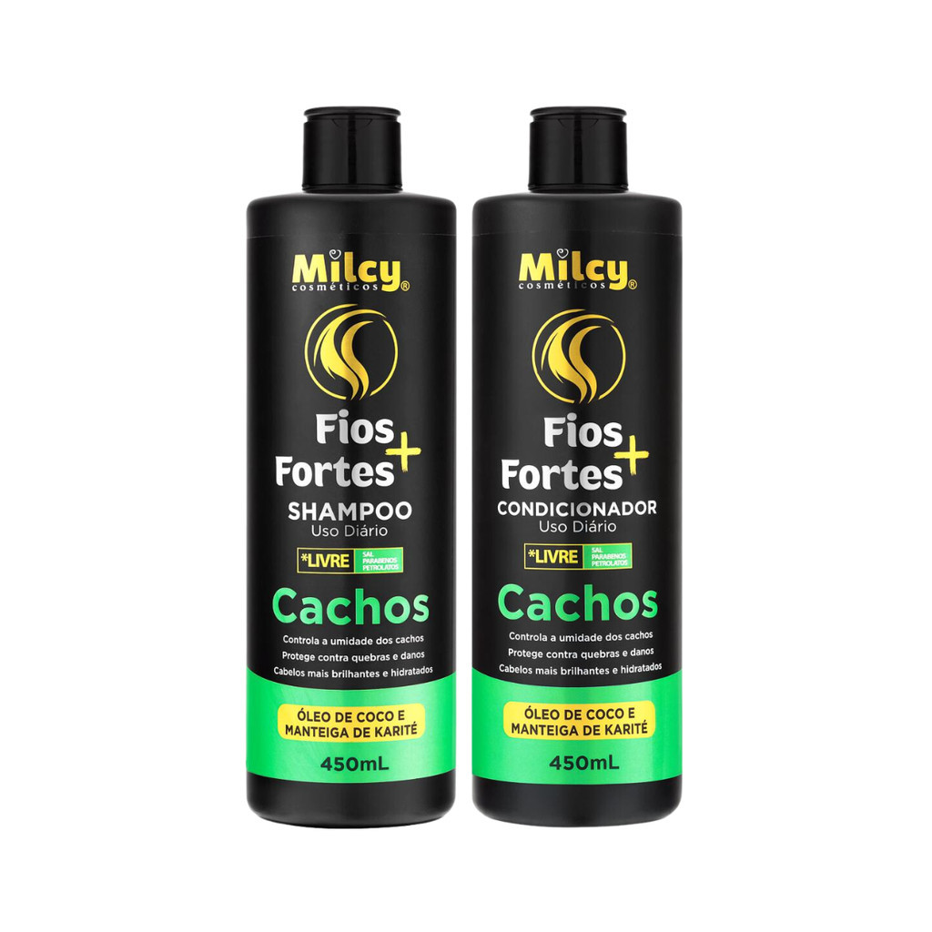Kit Shampoo Condicionador Cachos Fios Fortes Milcy 450Ml em Oferta na Shopee
