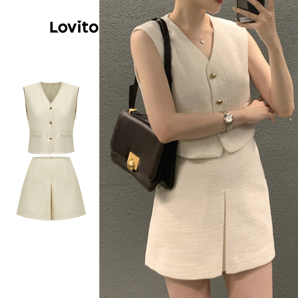 Lovito Conjuntos De Saia Casual Com Botão Liso Plissado Superior Ou Inferior Para Mulheres LBA82239 - Women Clothes